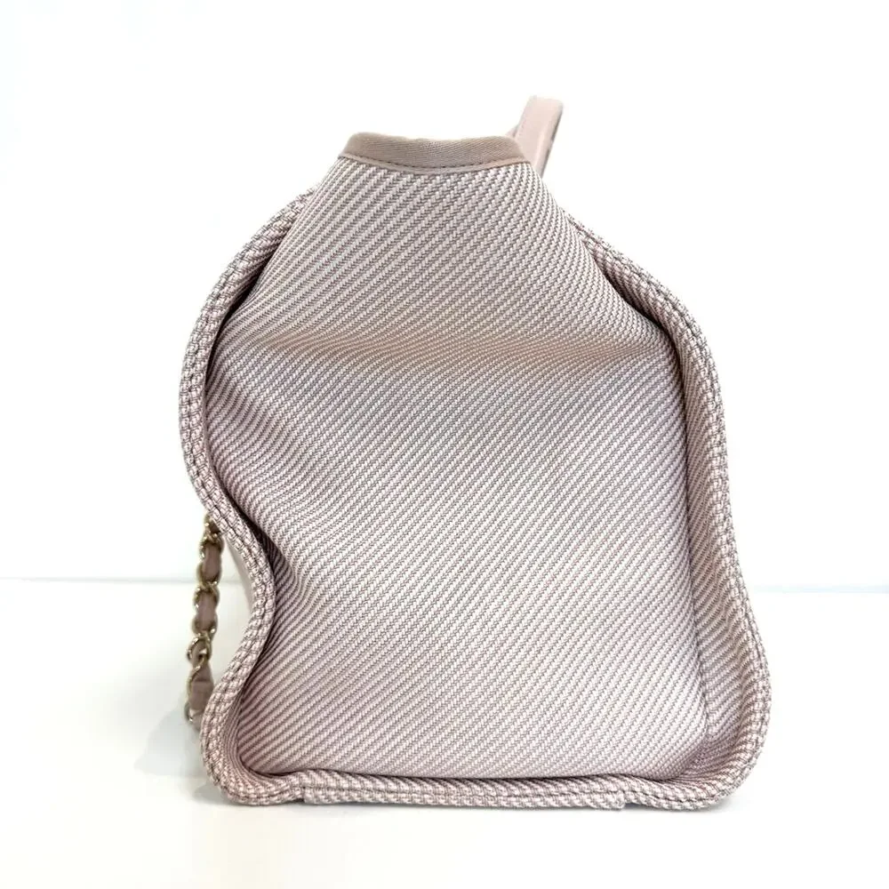 CHANEL Deauville Light Pink Canvas Leather Bag CC Logo Tote Travel Shoulder Bag